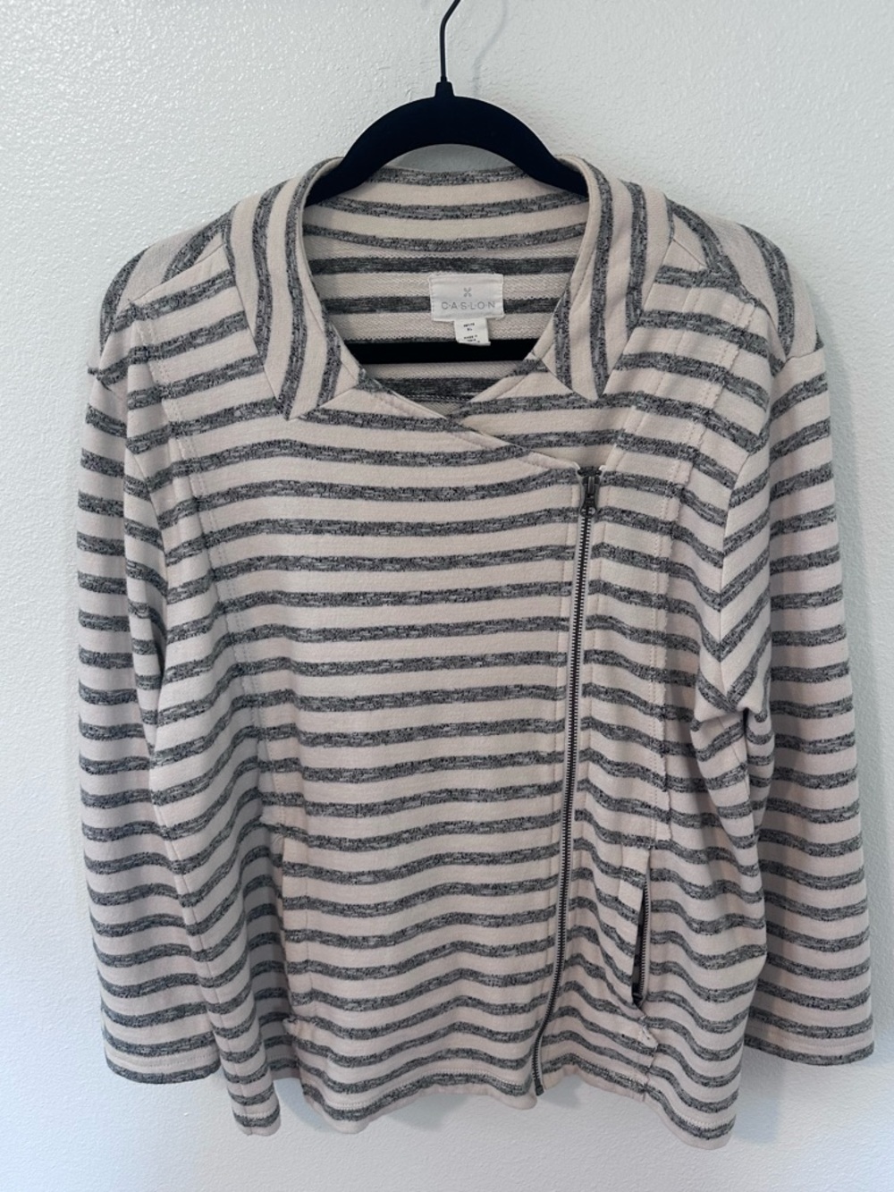 Caslon Cream and Gray Striped Knit Moto Jacket